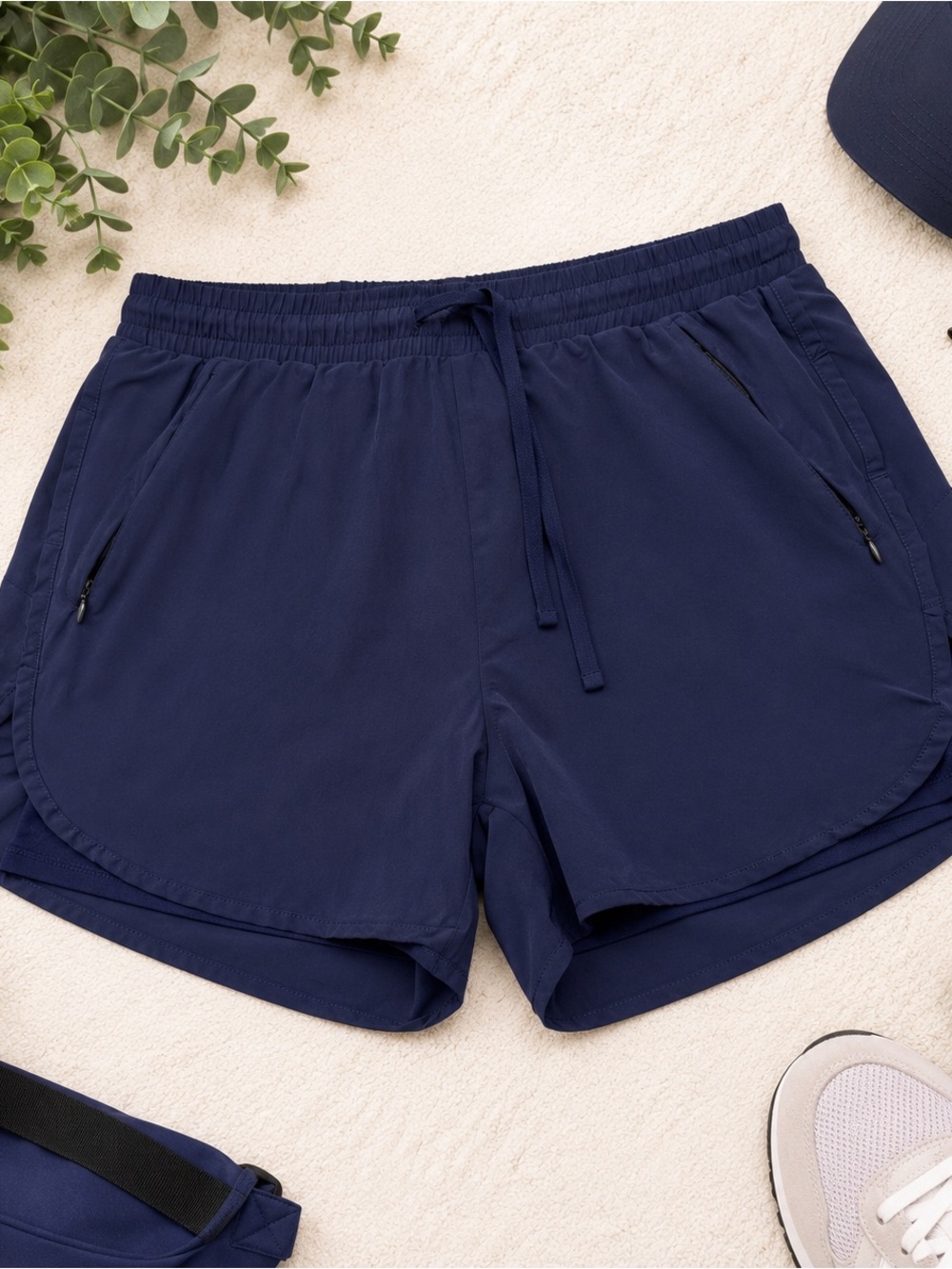 Navy Lined Running Shorts Zip Pockets Drawstring Athletic Size M
